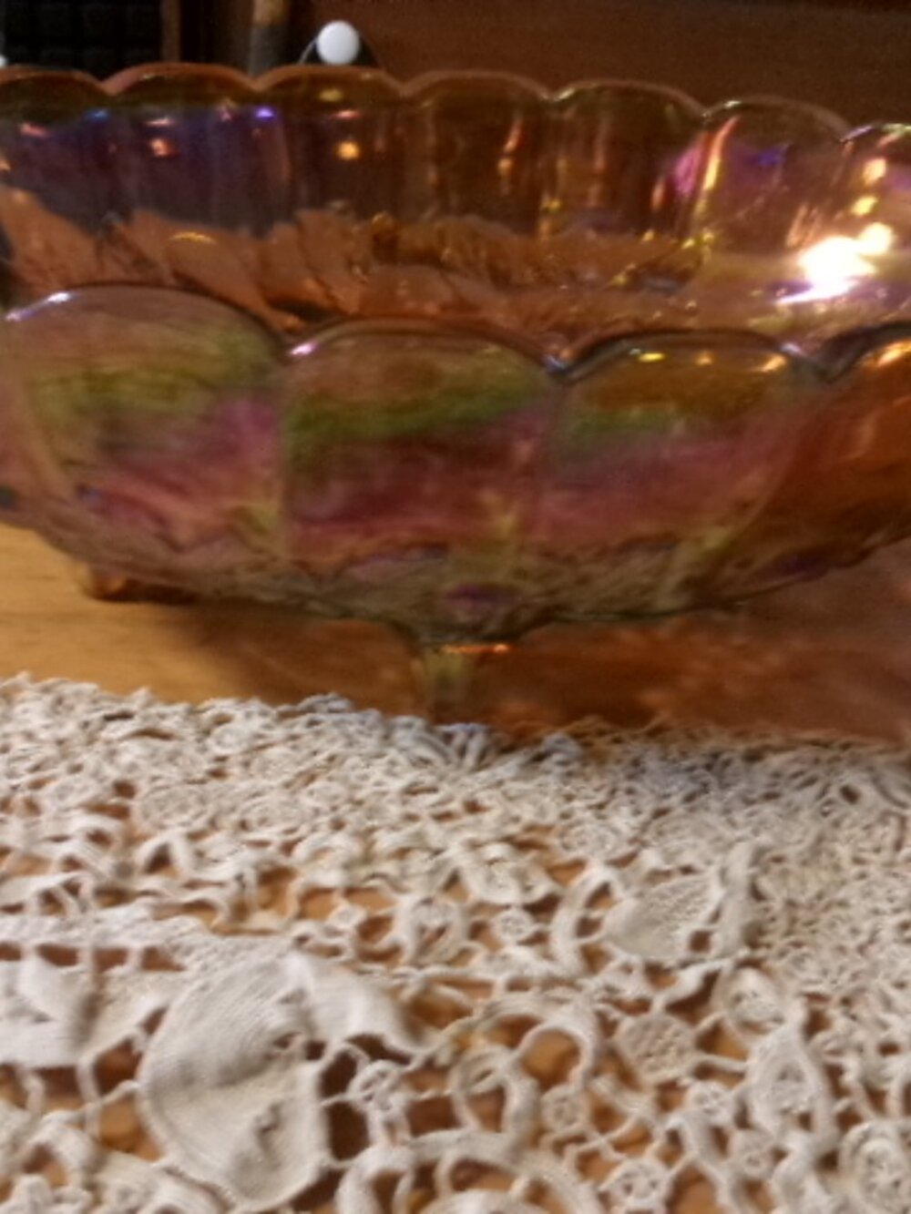 Vtg marigold amber carnival glass Imperial 12 in bowl fruit serving footed